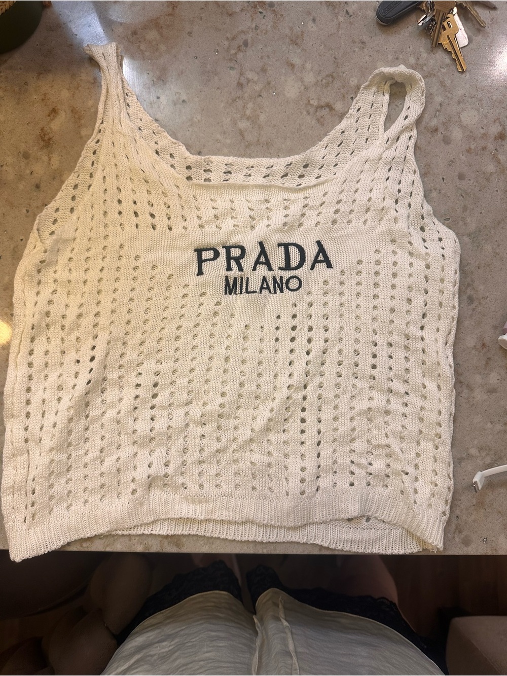 FASHION SHIRT Cream Open-Knit Milano Logo Tank - Picture 2 of 5